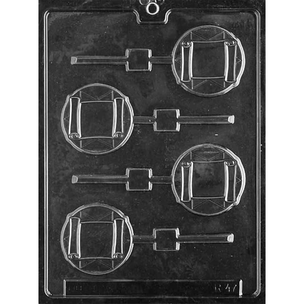 Plastic chocolate lollipop mold with four round cavities, each featuring a raised Torah scroll design and a stick channel.