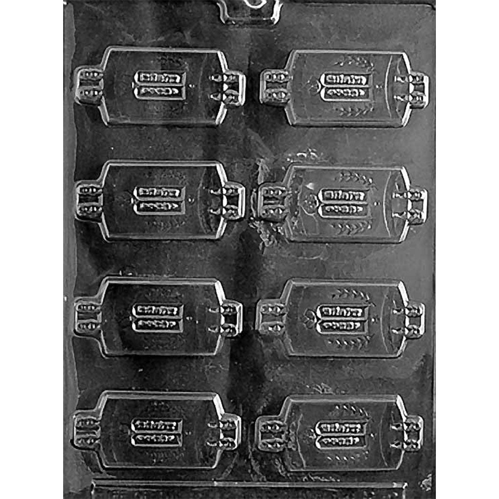 Torah Scroll and Mantle chocolate mold with eight cavities featuring Ten Commandments tablets, Hebrew lettering, and paired scroll handles