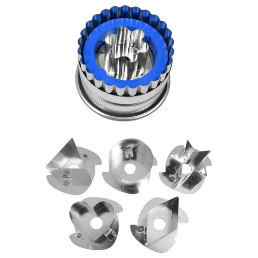 Linzer cookie cutter base with five interchangeable center shapes including diamond, heart, flower, triangle, and star