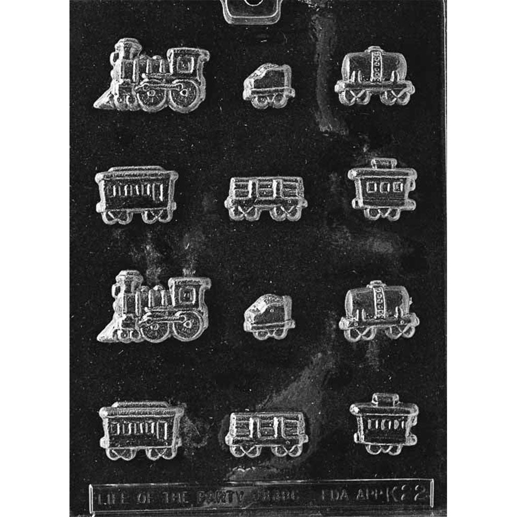 Twelve-cavity bite-sized train set chocolate mold with two each of a steam locomotive, tender, tank car, slatted freight car, boxcar, and caboose.