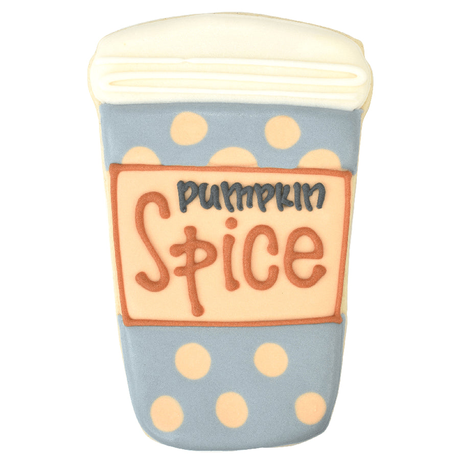 Decorated sugar cookie in the shape of a travel coffee mug, featuring blue polka dots, a white lid, and ‘Pumpkin Spice’ written on the front. Perfect for fall baking.