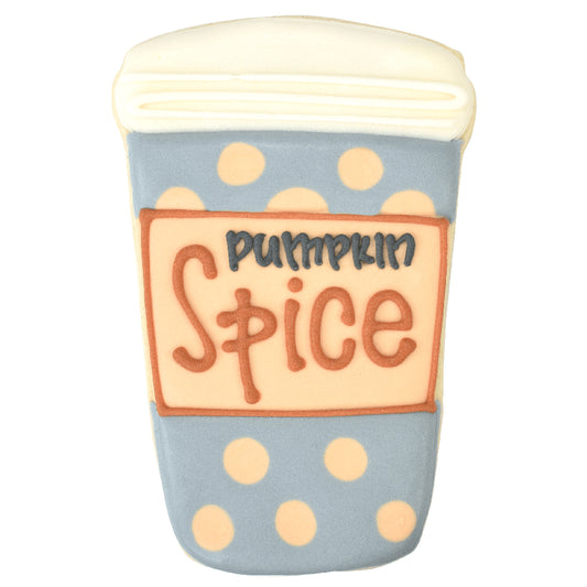 Decorated sugar cookie in the shape of a travel coffee mug, featuring blue polka dots, a white lid, and ‘Pumpkin Spice’ written on the front. Perfect for fall baking.