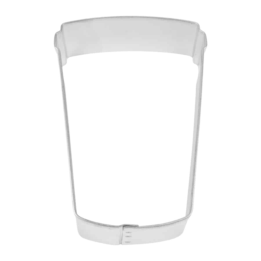 Top-down view of a travel coffee mug-shaped metal cookie cutter, designed to create coffee-themed cookies for café lovers, baristas, and morning enthusiasts.
