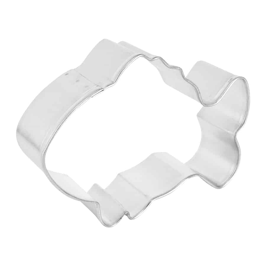 Angled side view of a tropical fish cookie cutter, highlighting its contoured edges and durable construction.