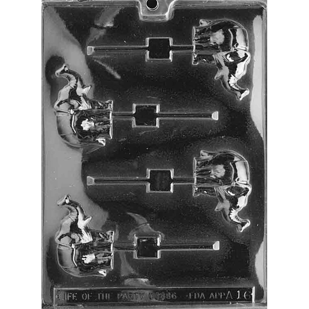 Clear plastic chocolate lollipop mold with four cavities shaped like a trumpeting elephant in side profile, trunk raised and ear visible, each cavity connected to a straight stick channel on a dark background.