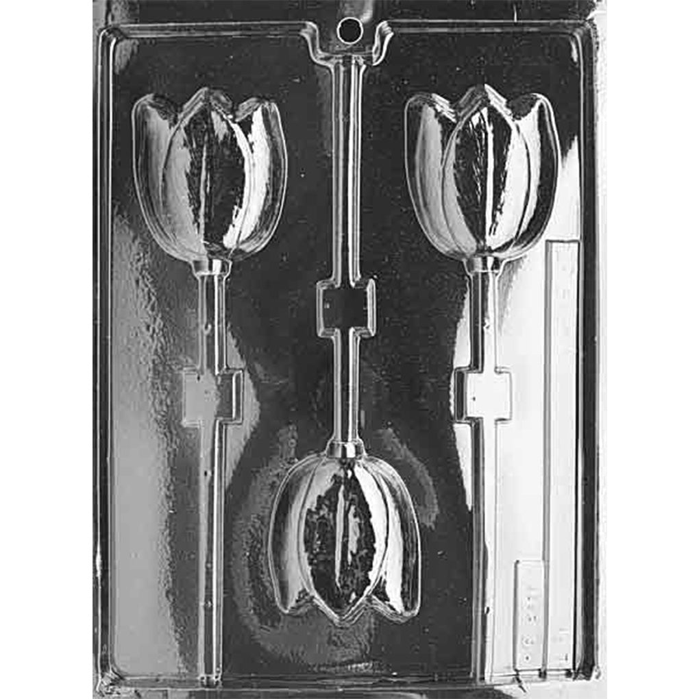 Clear plastic chocolate lollipop mold with three tulip blossom cavities.
