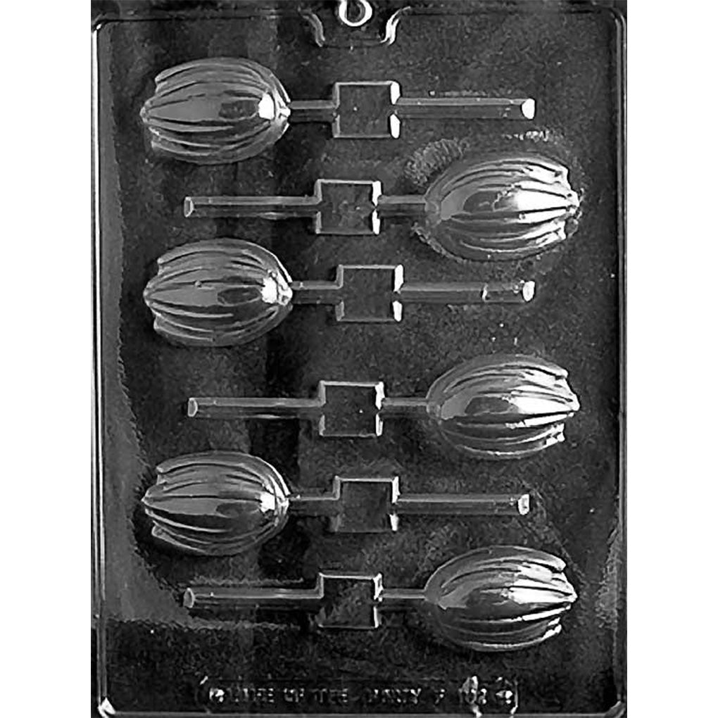 Clear plastic chocolate lollipop mold with six tulip-shaped cavities featuring curved petal lines and stick channels for making tulip chocolate pops.
