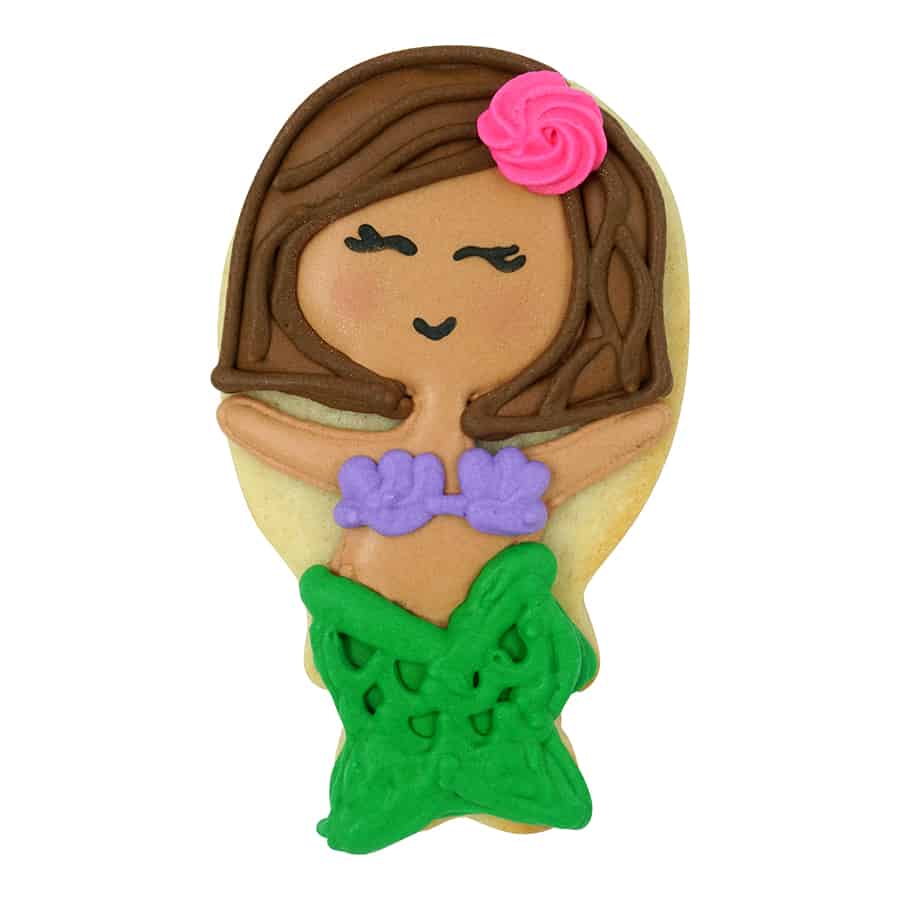 Creative use of the turkey leg cookie cutter to make a decorated mermaid cookie with a seashell top and green tail.
