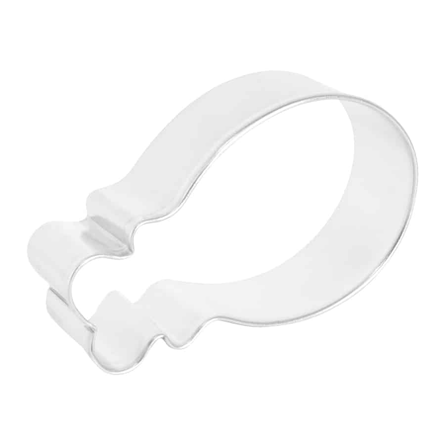 Side view of a turkey leg-shaped cookie cutter, showing its sturdy design and curved details.