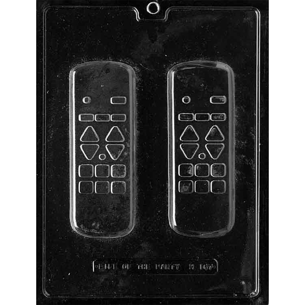 Clear plastic chocolate mold with two TV remote controller cavities featuring raised button shapes and rounded edges, shown on a dark background.