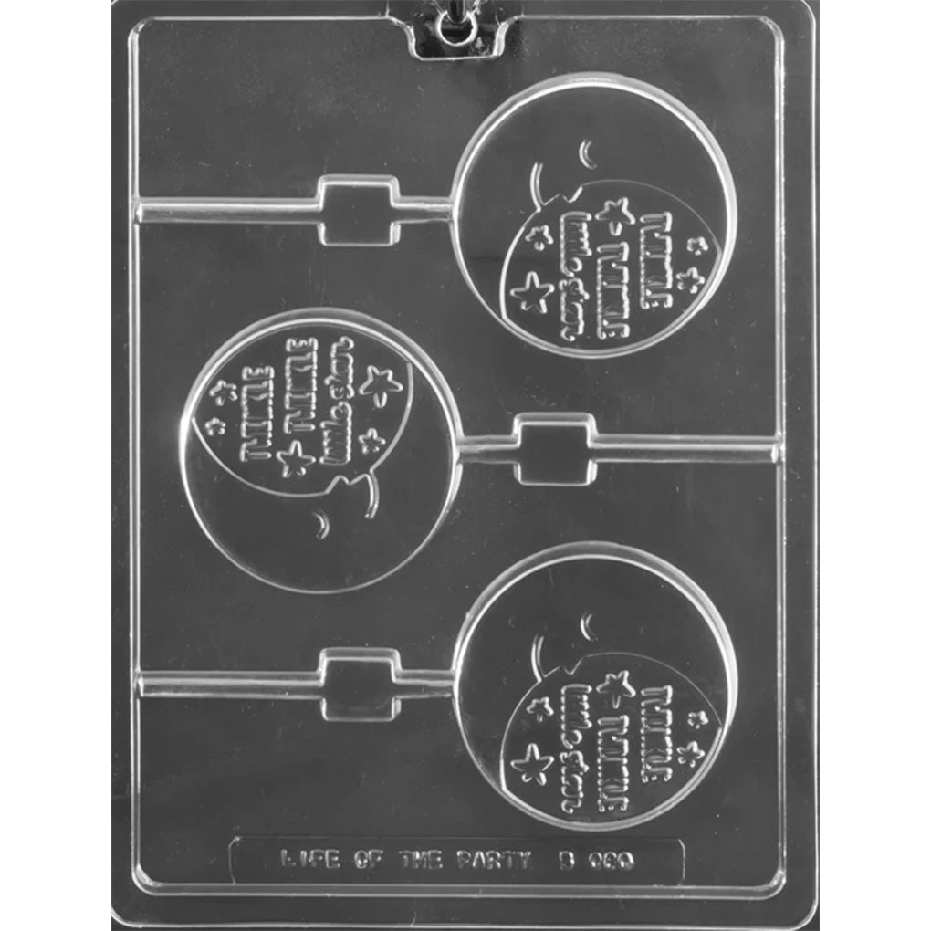 Clear plastic lollipop mold with three round cavities showing a crescent moon face, small stars, and raised “Twinkle Twinkle Little Star” text, plus stick channels.