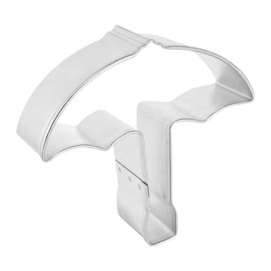 Angled side view of the umbrella cookie cutter, showing its raised edges and sturdy construction. The wavy canopy shape and distinct handle are clearly visible, ideal for decorating rain-themed cookies, summer parties, or rainbow-inspired bakes.