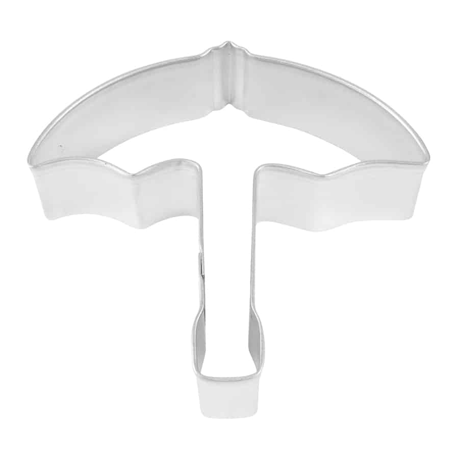 Top-down view of an umbrella-shaped metal cookie cutter, featuring a curved canopy with gentle scalloped edges and a straight handle. This design is perfect for creating weather-themed cookies, springtime treats, or baby shower desserts.