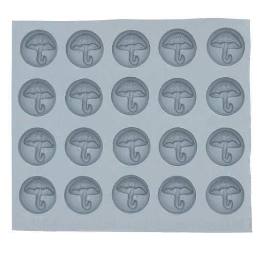Full umbrella rubber mint mold sheet with multiple round cavities featuring umbrella design for themed mints or chocolates