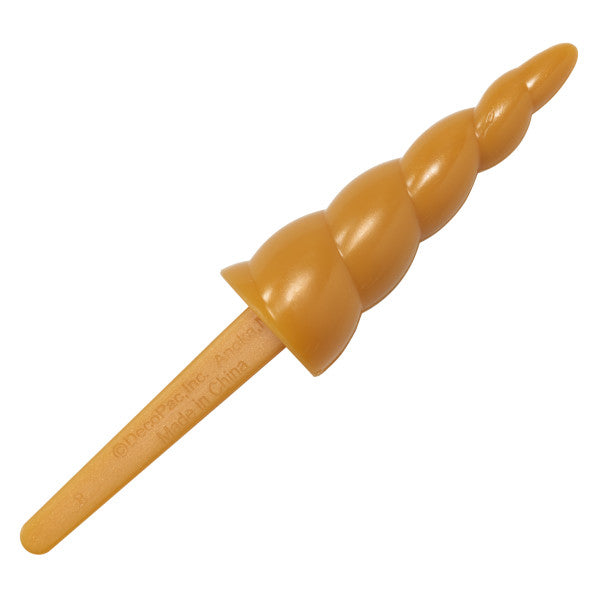 Caramel-gold unicorn horn cupcake pick with a spiral design.