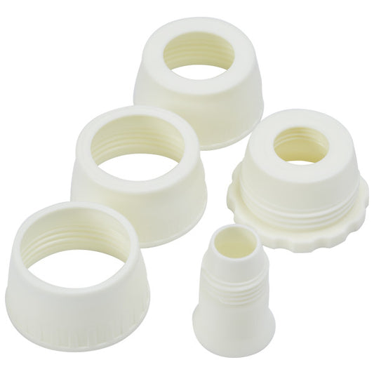 Universal Russian Tip Coupler set with multiple white plastic ring sizes for large piping tips.