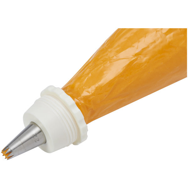 Coupler shown in use with a small star tip #22 and orange icing-filled bag.