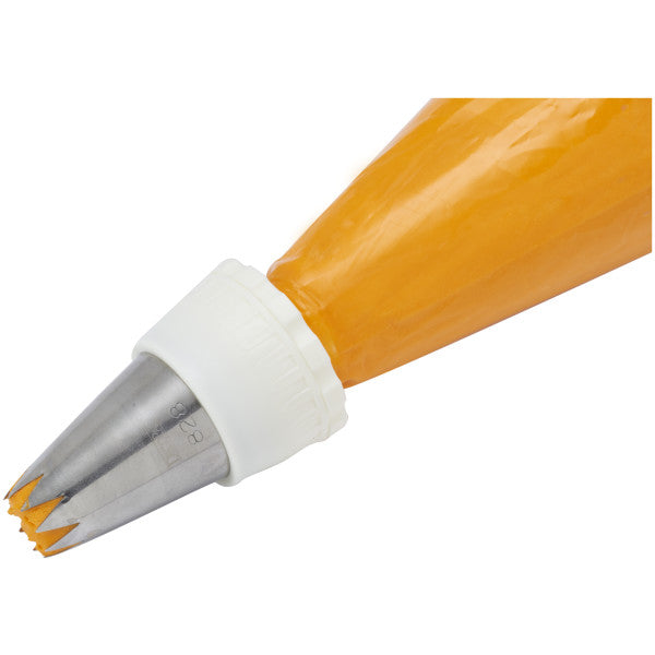 828 Russian piping tip secured to piping bag with white universal coupler.