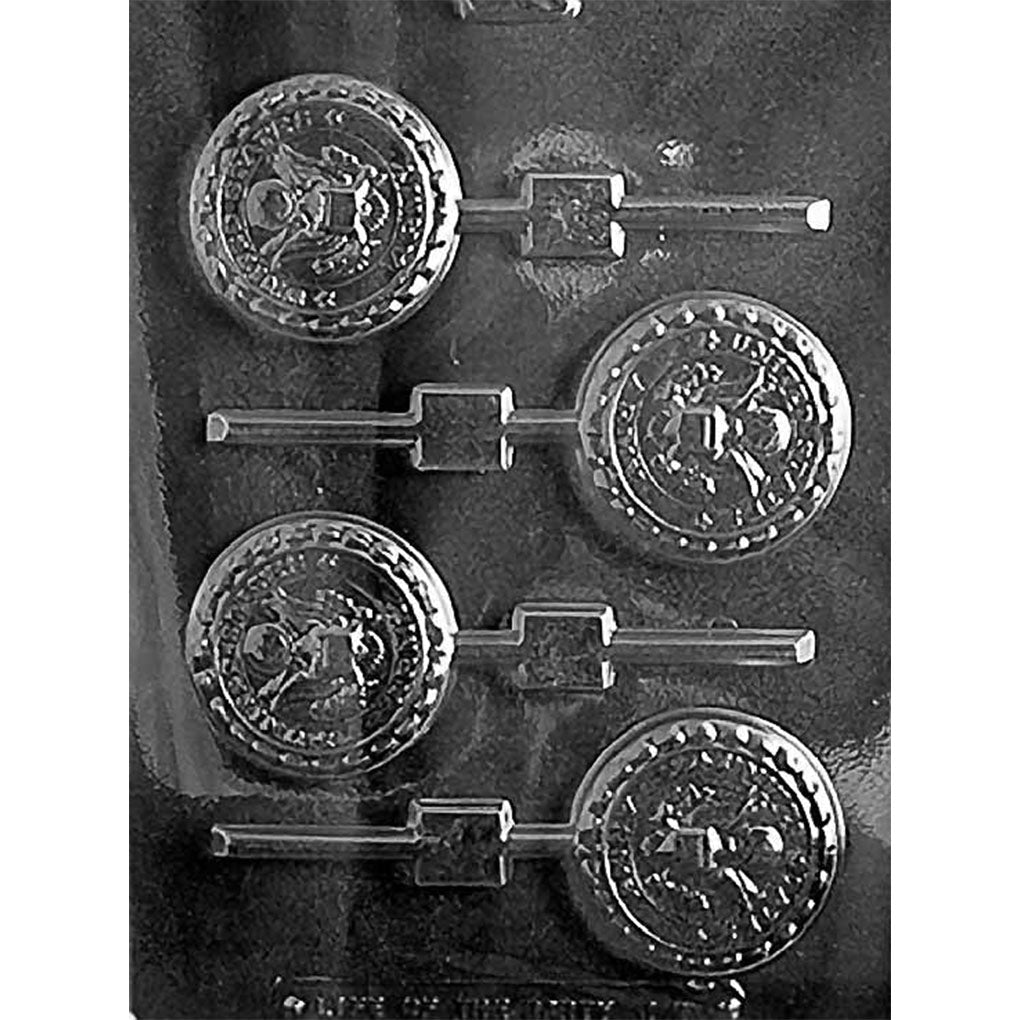 Clear plastic four-cavity US Army Chocolate Lollipop Mold for 2 1/2-inch round military emblem pops with built-in stick channels