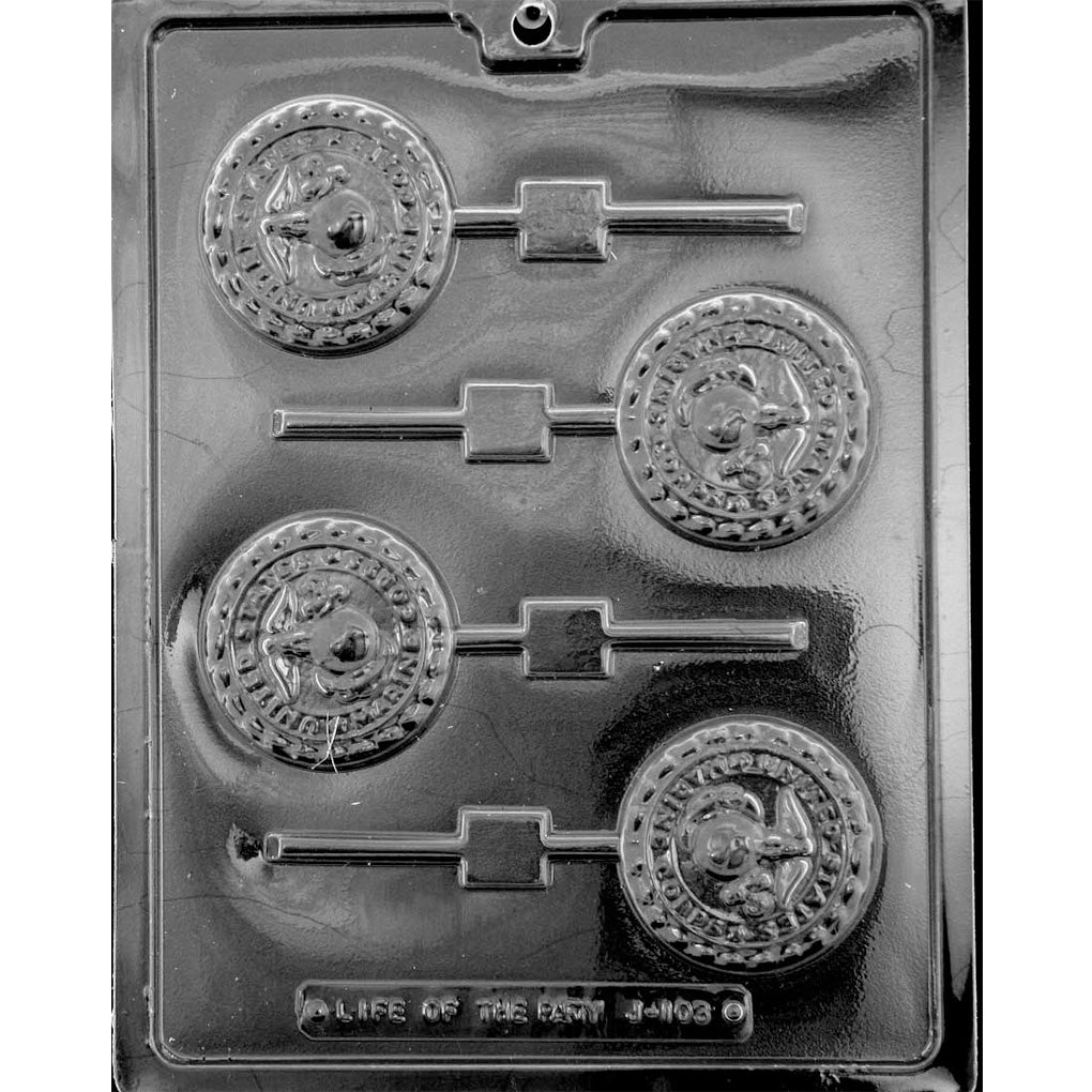 US Marines chocolate lollipop mold with four round medallion cavities featuring raised eagle, globe, and anchor emblems and stick channels