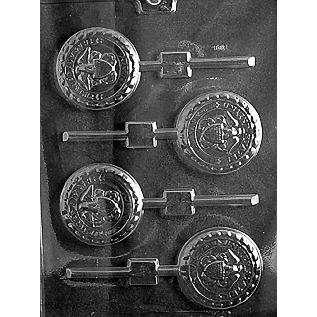 Four-cavity U.S. Navy chocolate lollipop mold with round raised Navy emblems, textured borders, and alternating stick channels.