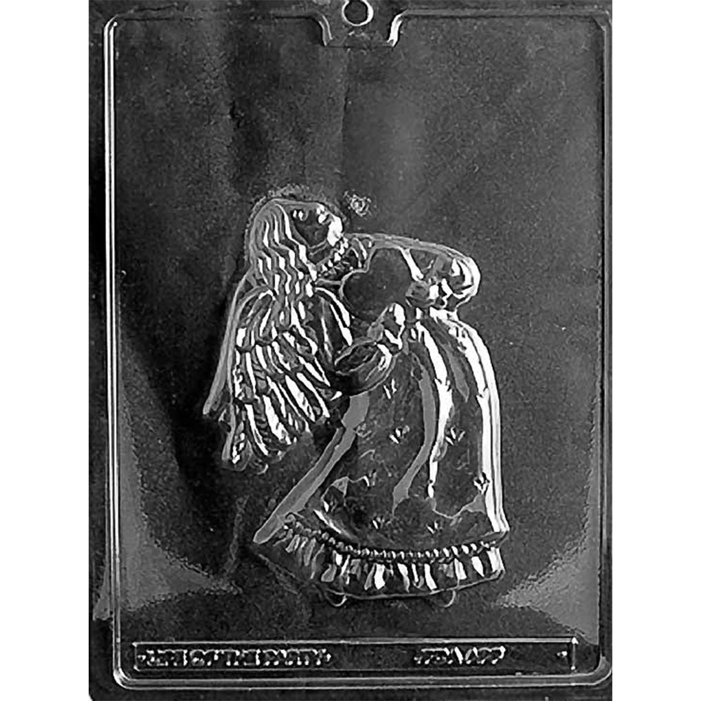 Clear plastic Victorian angel chocolate mold with one cavity showing an angel in a flowing dress with textured wings and patterned gown details, on a dark background.