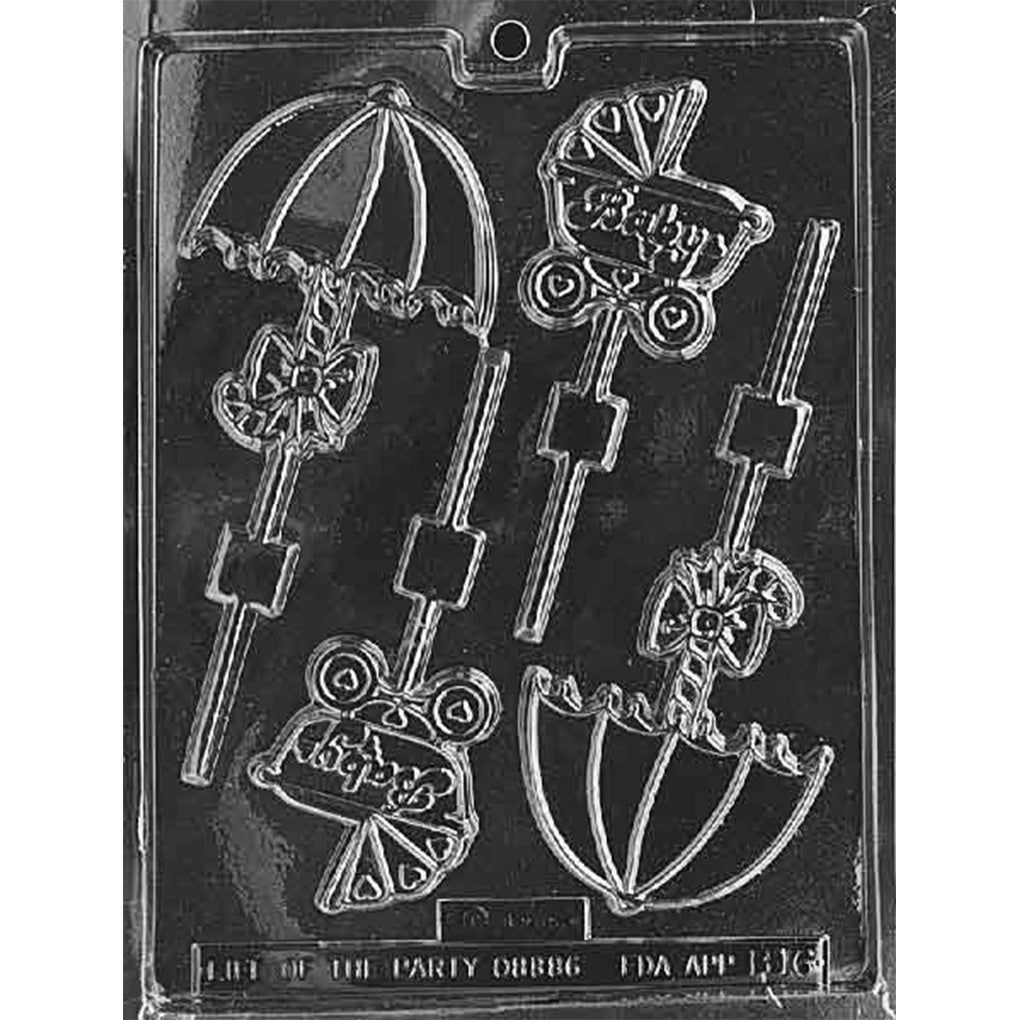 Clear plastic chocolate lollipop mold with four cavities featuring two vintage umbrella designs with bows and two baby carriage designs with “Baby” lettering, each with stick channels.