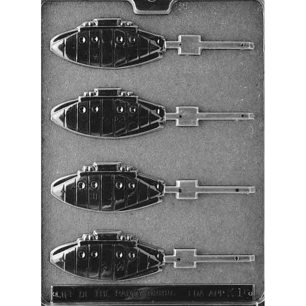 Clear plastic vintage submarine chocolate lollipop mold with four submarine-shaped cavities featuring porthole details and long stick channels, shown on a dark background.