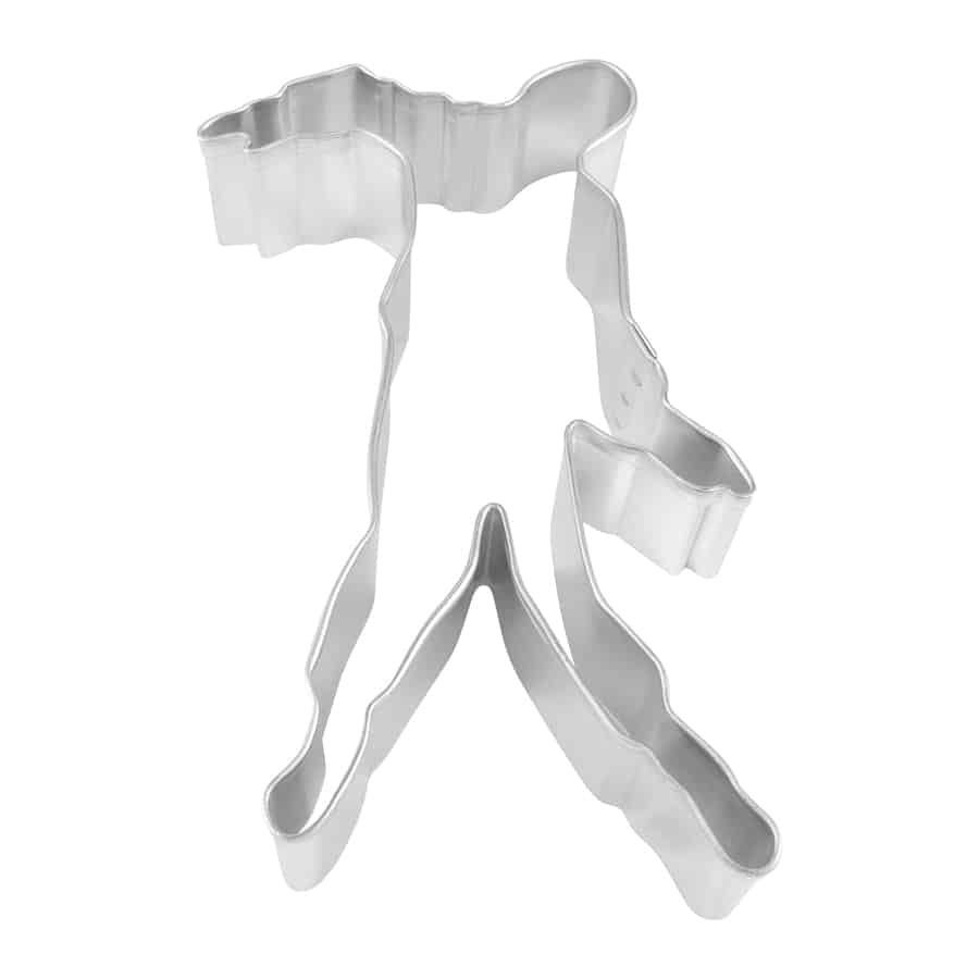 Metal zombie-shaped cookie cutter with a detailed, staggered pose, ideal for Halloween and horror-themed baking.