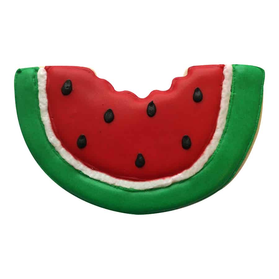 Decorated watermelon-shaped sugar cookie with red icing, black seeds, and a green rind, complete with a bite mark detail.