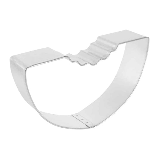 Angled side view of a watermelon cookie cutter, showing its sturdy metal construction and well-defined shape.