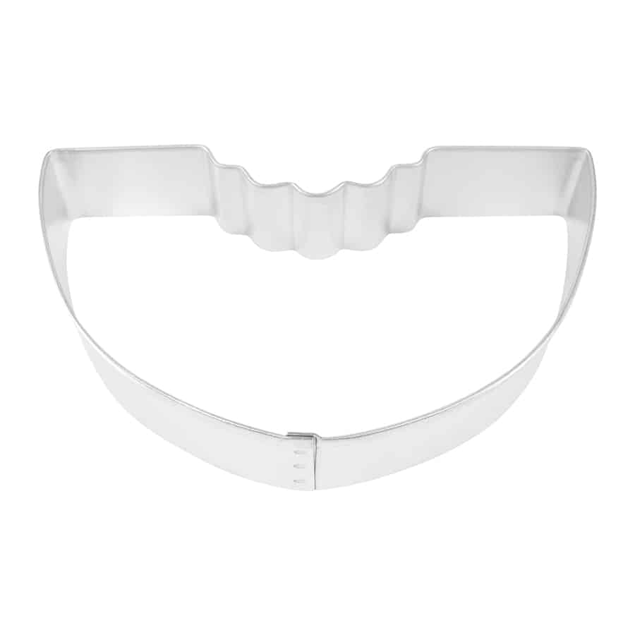 Metal watermelon slice-shaped cookie cutter featuring a scalloped bite mark, photographed from a top-down view on a white background.