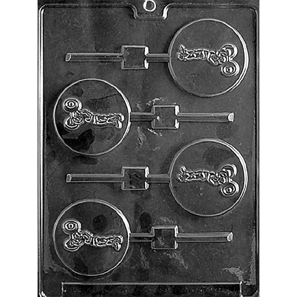 Four-cavity chocolate lollipop mold with 2 1/2-inch round medallions featuring a raised weightlifter holding a barbell overhead and built-in stick channels.