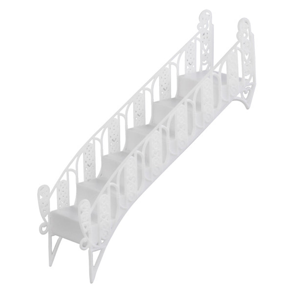 White plastic decorative bridge staircase cake topper with ornate railing detail, measuring approximately 13.85" long x 3.1" wide x 3.75" tall