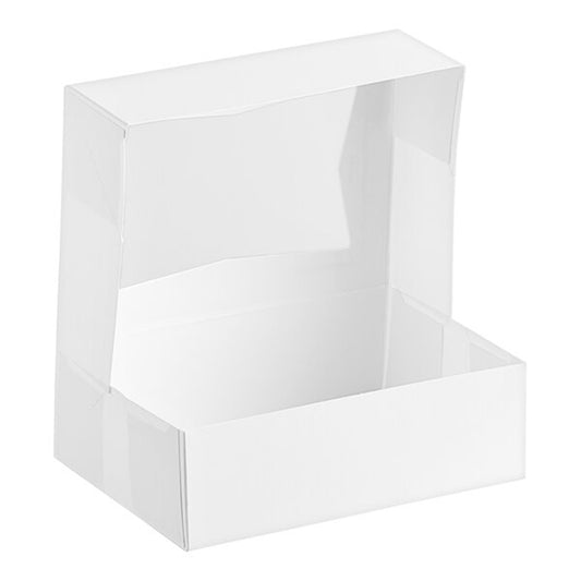 White bakery box shown open with attached lid and clear window panel, photographed on a white background.