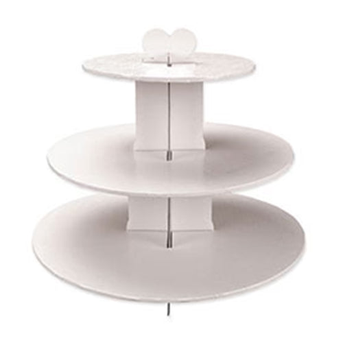 Three-tier white cardboard cupcake stand with plain surfaces and heart-shaped topper.