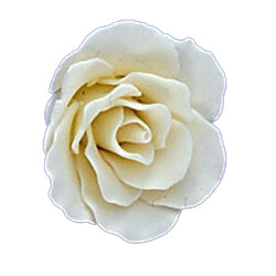 White gum paste rose with realistic, layered petals, often used as an elegant cake decoration.