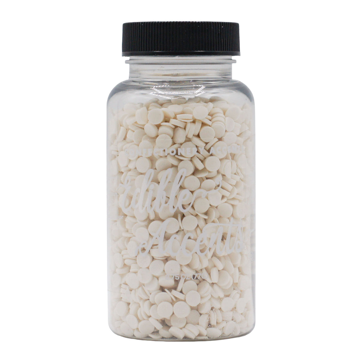 Edible Accents white quins sprinkles in flat, round confetti shapes, packaged in a clear 2.75-ounce bottle with a black cap.