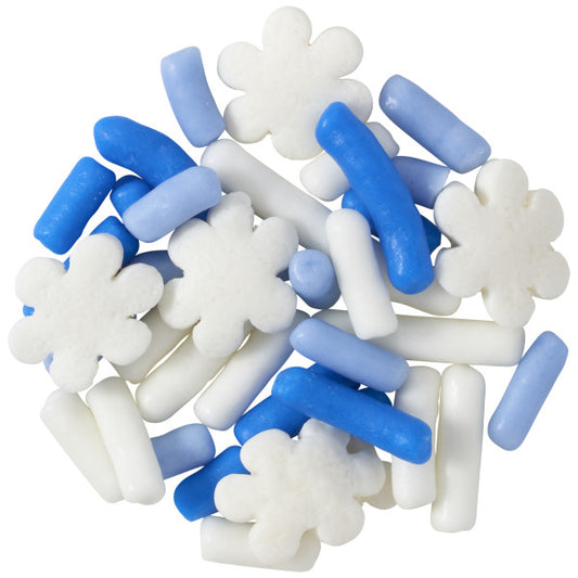 Winter Frost Sprinkle Blend featuring white flower quins and icy blue, lavender, and white jimmies in a festive winter color palette.