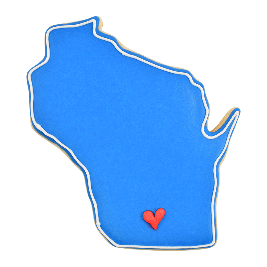 Wisconsin-shaped sugar cookie with blue icing and a small red heart accent.