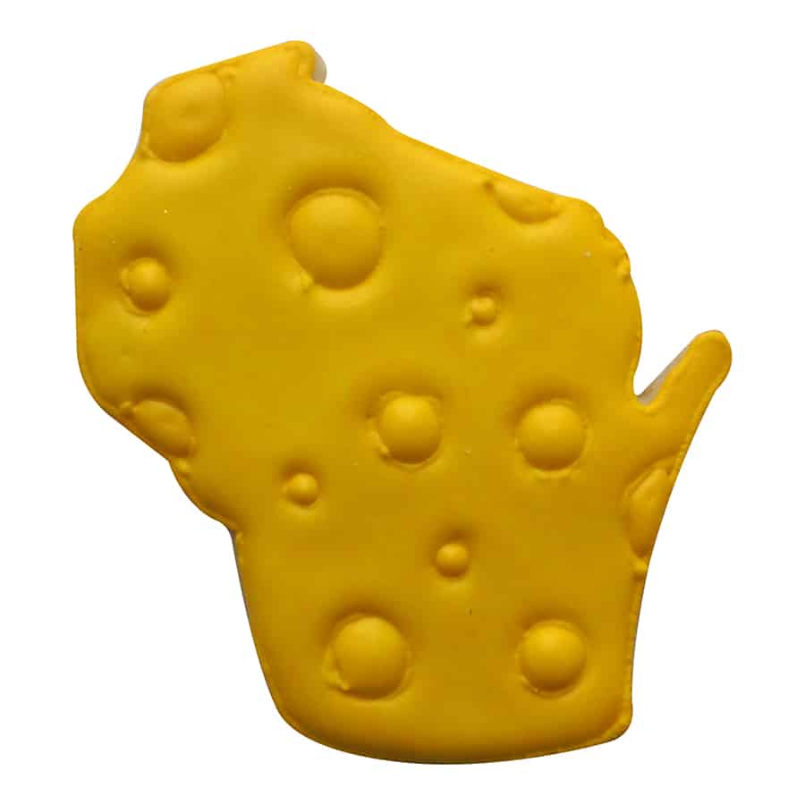 Wisconsin-shaped sugar cookie decorated to resemble a wedge of cheese with yellow icing and hole details.