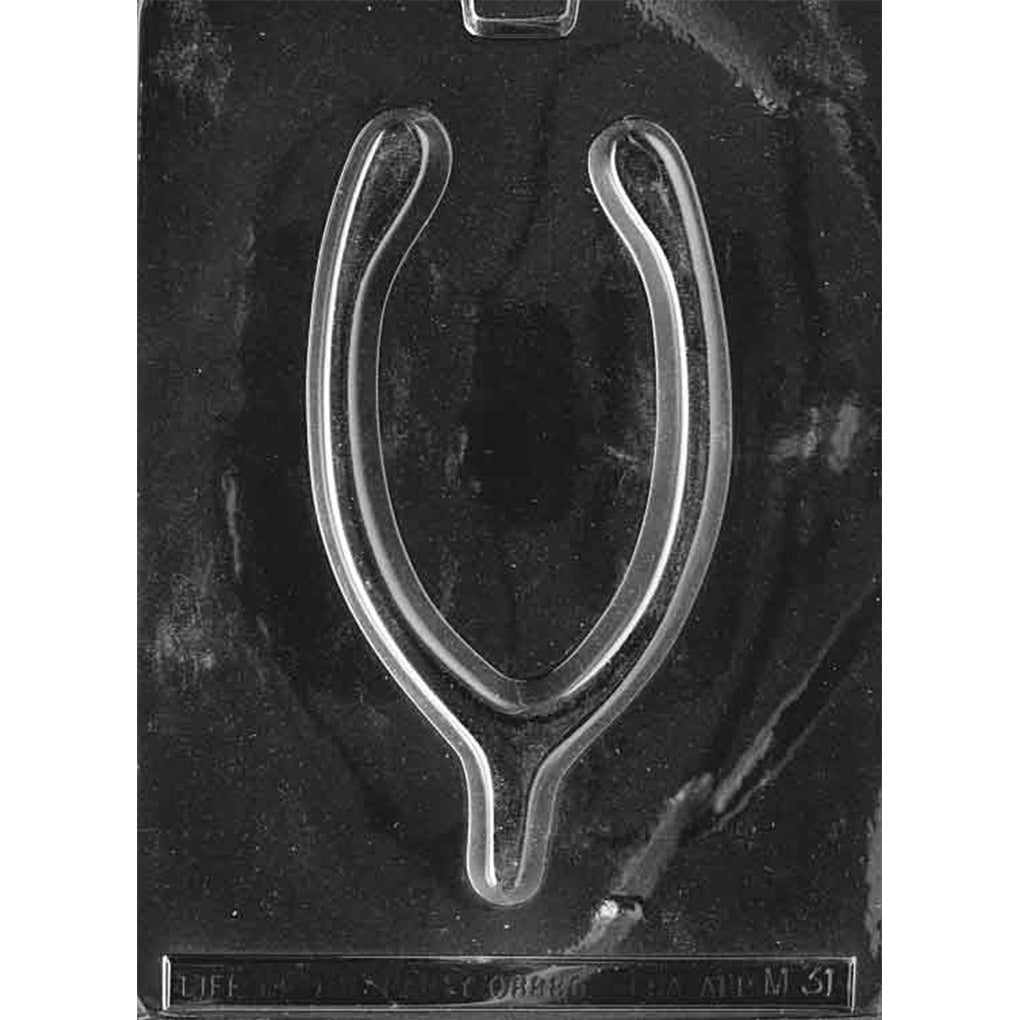 Clear plastic chocolate mold with one large wishbone-shaped cavity featuring a curved forked design for casting an oversized wishbone chocolate.