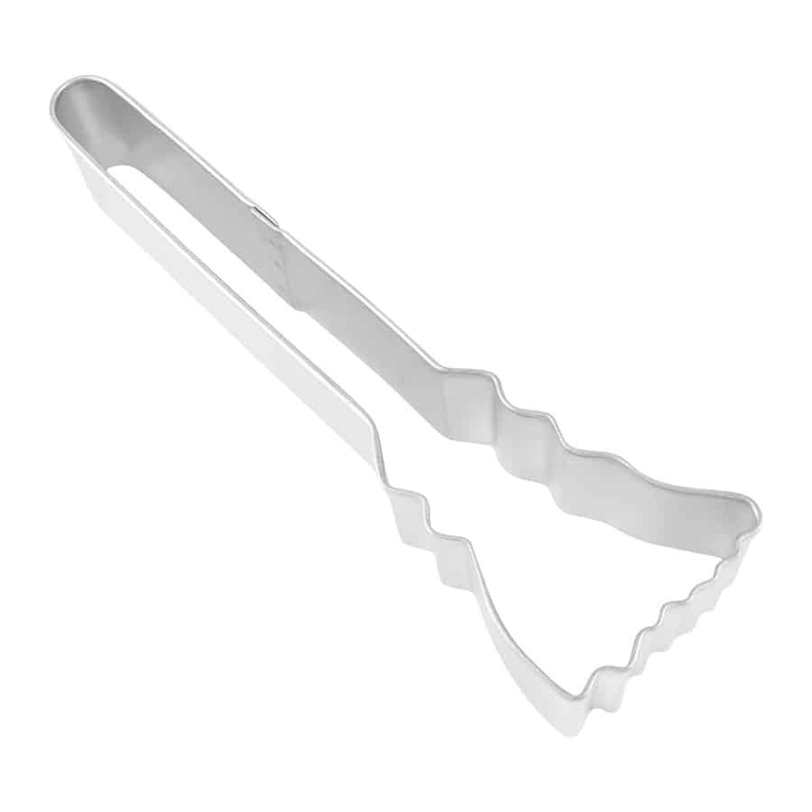 Metal witches broom cookie cutter with a long handle and bristle-shaped end, displayed on a white background.