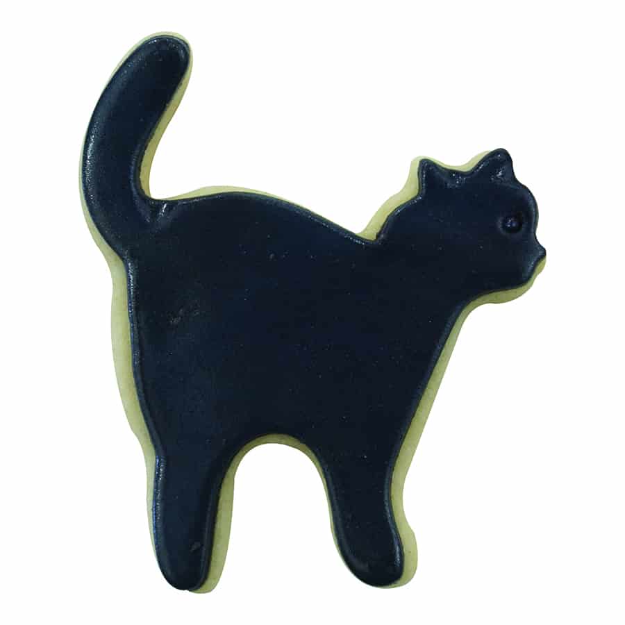 Black cat-shaped cookie with glossy dark icing, capturing the spooky Halloween theme.