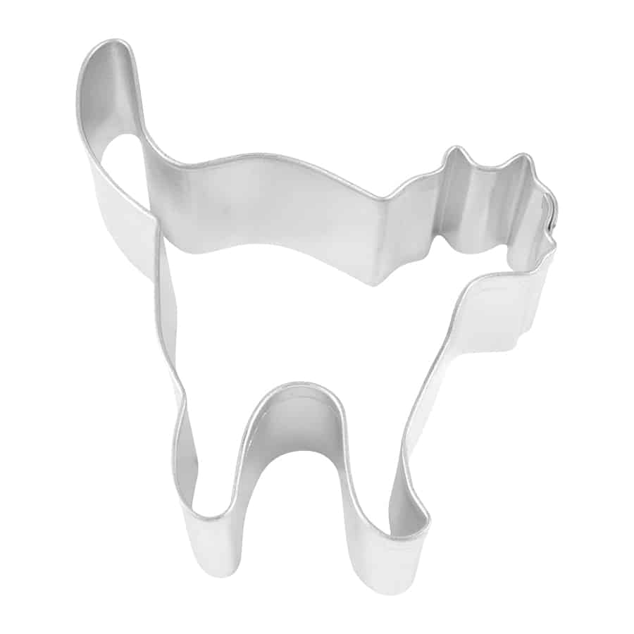 Overhead view of a metal Witch’s Cat cookie cutter with a raised tail and arched back.