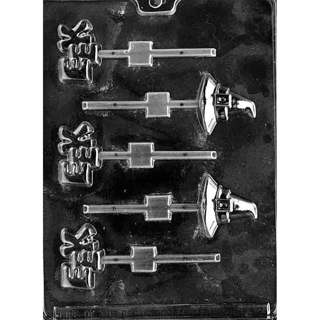 Five-cavity witch hat and EEK chocolate lollipop mold with three 1 1/4 x 2-inch word pops, two 1 3/4 x 2-inch buckled hats, and stick channels