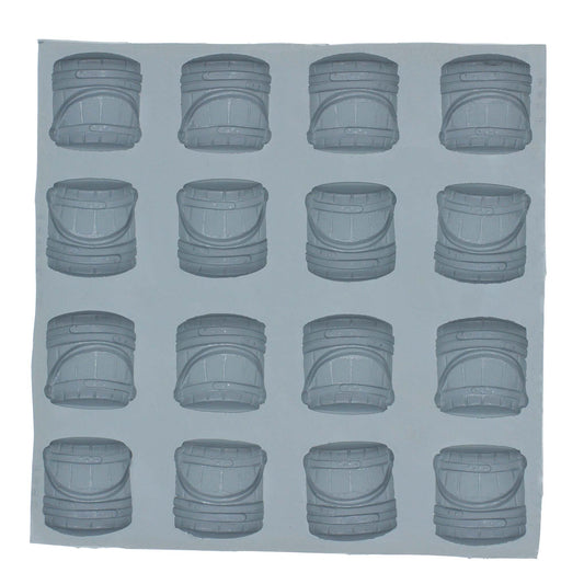 Full wooden bucket rubber mint mold sheet with multiple rustic bucket-shaped cavities for cream cheese mints or chocolates