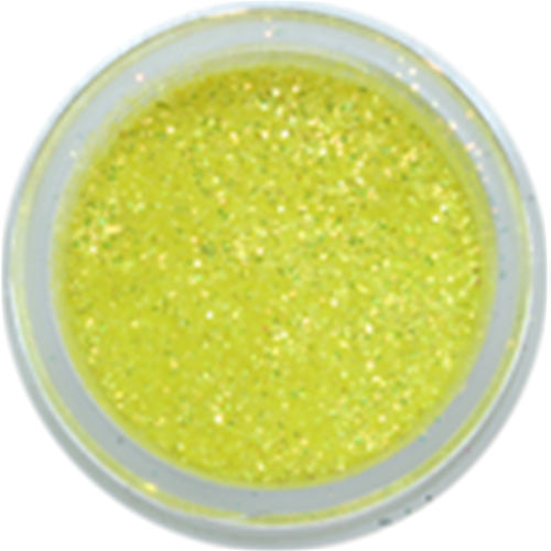 Top-down view of a small round clear container filled with Yellow Citrine Galaxy Glitter Dust, showing bright yellow sparkling powder.