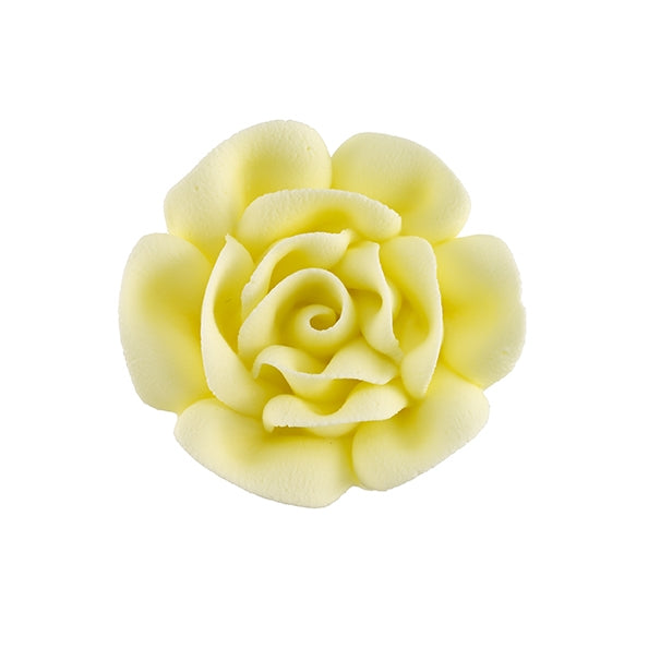 Yellow royal icing rose with curled petal edges, 1.75 inches in diameter