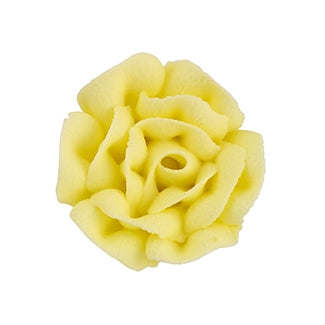 Yellow royal icing rose with open petals for cheerful cake designs.